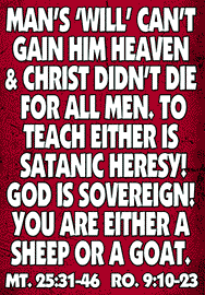 MAN'S 'WILL' CAN'T GAIN HIM HEAVEN & CHRIST DIDN'T DIE FOR ALL MEN. TO TEACH EITHER IS SATANIC HERESY! GOD IS SOVEREIGN! YOU ARE EITHER A SHEEP OR A GOAT.